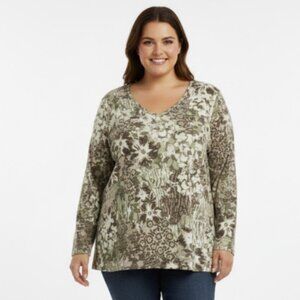 New Erika size XL Brown Gray Floral Abstract Stretch Knit Long Sleeve Blouse